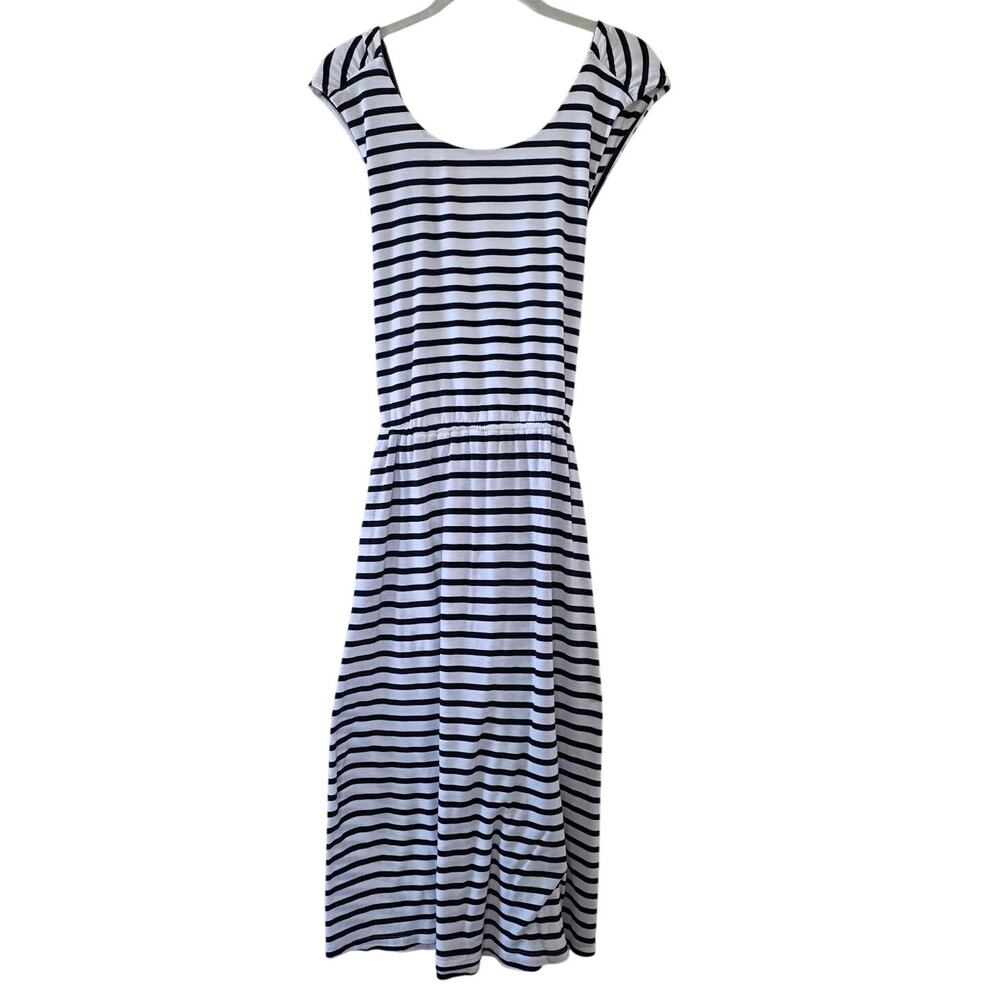 LOFT White and Black Striped Fit and Flare Midi Dress Womens Large Cap Sleeve